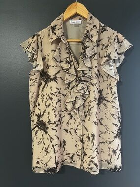 Calvin Klein Beige Blouse with Black Floral Accents